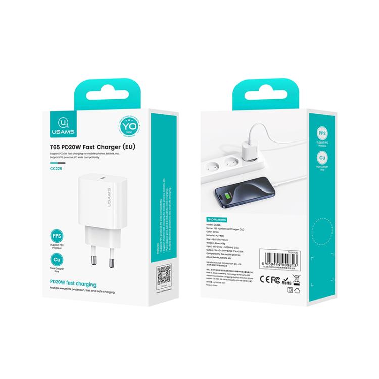 USAMS CC226 T65 PD20W USB-C / Type-C Single Port Fast Charger, EU Plug, CC226