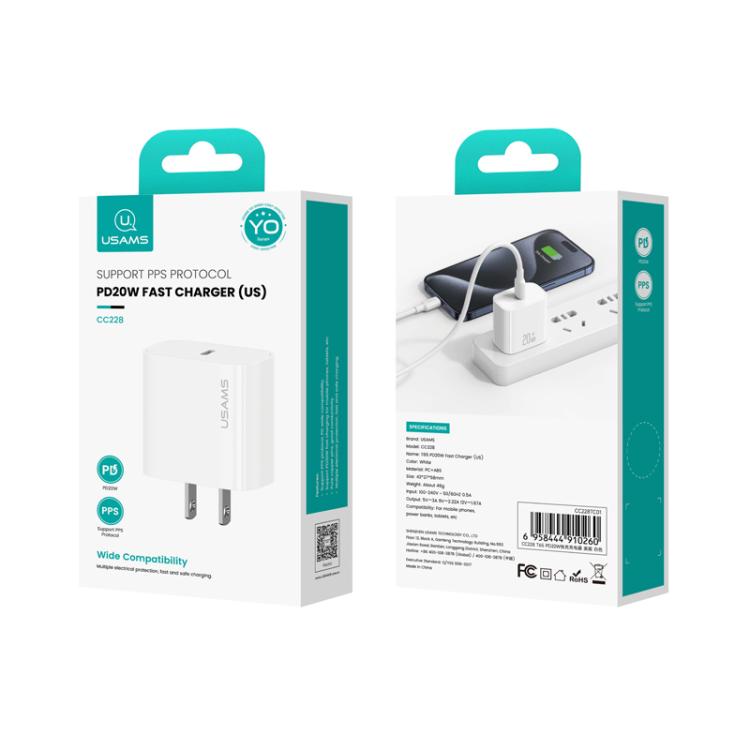 شاحن سريع USB-C / Type-C منفذ واحد USAMS CC228 T65 PD20W، قابس الولايات المتحدة، CC228