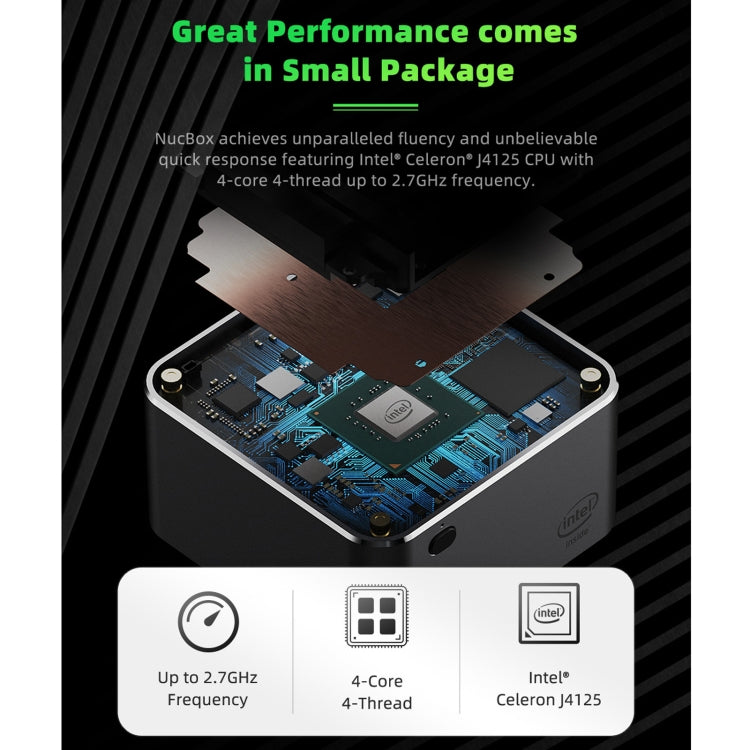 GMK NucBox Windows 10 System Mini PC, Intel Celeron J4125 Quad Core 64bit 14nm 2GHz-2.7GHz, Support WiFi & Bluetooth & RJ45,, 8GB+128GB,EU Plug