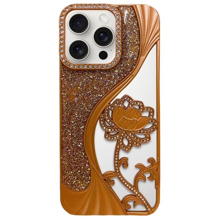 Electroplated TPU Lotus Hollow-carved  Rhinestone Glitter Phone Case, For iPhone 17 Pro Max, For iPhone 17 Pro, For iPhone 17, For iPhone 16 Pro Max, For iPhone 16 Pro, For iPhone 16, For iPhone 15 Pro Max, For iPhone 15 Pro