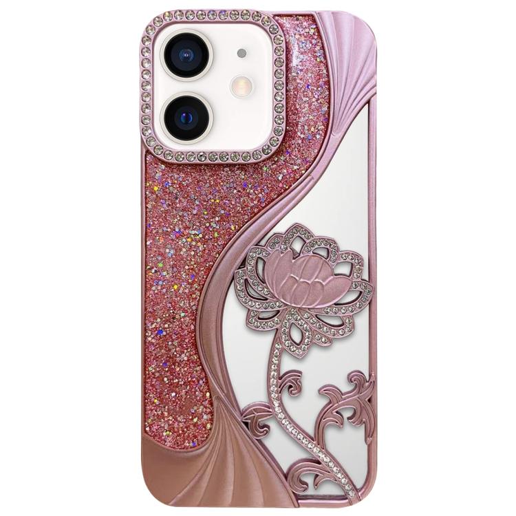Electroplated TPU Lotus Hollow-carved  Rhinestone Glitter Phone Case, For iPhone 15, For iPhone 14, For iPhone 14 Pro, For iPhone 14 Pro Max, For iPhone 13 Pro Max, For iPhone 13 Pro, For iPhone 13, For iPhone 12