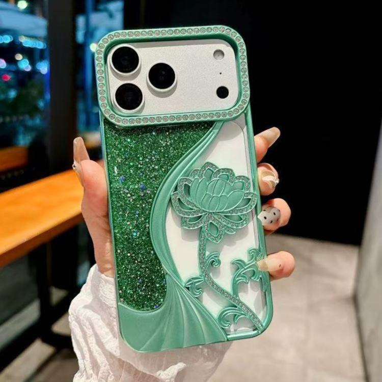 Electroplated TPU Lotus Hollow-carved  Rhinestone Glitter Phone Case, For iPhone 18, For iPhone 18 Pro, For iPhone 18 Pro Max, For iPhone 17 Pro Max, For iPhone 17 Pro, For iPhone 17, For iPhone 16 Pro Max, For iPhone 16 Pro