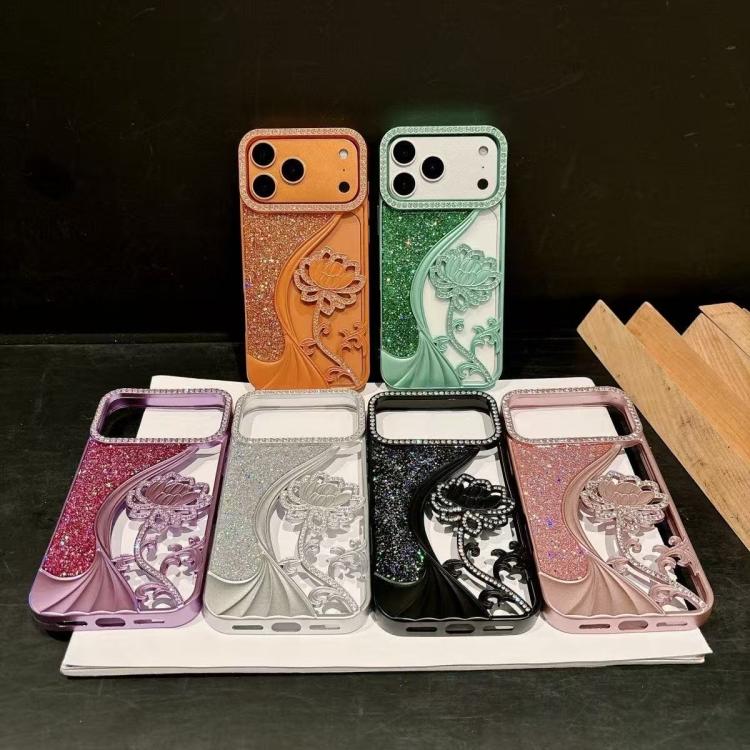 Electroplated TPU Lotus Hollow-carved  Rhinestone Glitter Phone Case, For iPhone 17 Pro Max, For iPhone 17 Pro, For iPhone 17, For iPhone 16 Pro Max, For iPhone 16 Pro, For iPhone 16, For iPhone 15 Pro Max, For iPhone 15 Pro