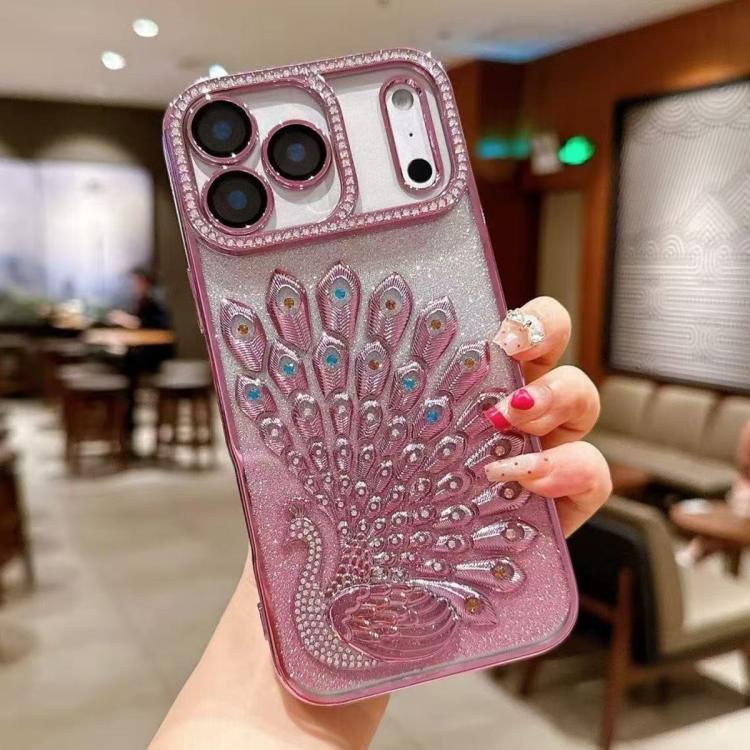 Electroplated TPU Peacock Relief Rhinestone Glitter Phone Case with Lens Film, For iPhone 17 Pro Max, For iPhone 17 Pro, For iPhone 17, For iPhone 16 Pro Max, For iPhone 16 Pro, For iPhone 16 Plus, For iPhone 16, For iPhone 15 Pro Max