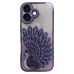 Electroplated TPU Peacock Relief Rhinestone Glitter Phone Case with Lens Film, For iPhone 17 Pro Max, For iPhone 17 Pro, For iPhone 17, For iPhone 16 Pro Max, For iPhone 16 Pro, For iPhone 16 Plus, For iPhone 16, For iPhone 15 Pro Max