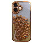 Electroplated TPU Peacock Relief Rhinestone Glitter Phone Case with Lens Film, For iPhone 17 Pro Max, For iPhone 17 Pro, For iPhone 17, For iPhone 16 Pro Max, For iPhone 16 Pro, For iPhone 16 Plus, For iPhone 16, For iPhone 15 Pro Max