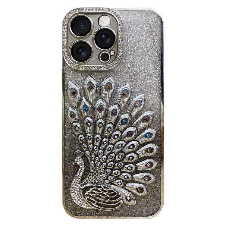 Electroplated TPU Peacock Relief Rhinestone Glitter Phone Case with Lens Film, For iPhone 17 Pro Max, For iPhone 17 Pro, For iPhone 17, For iPhone 16 Pro Max, For iPhone 16 Pro, For iPhone 16 Plus, For iPhone 16, For iPhone 15 Pro Max