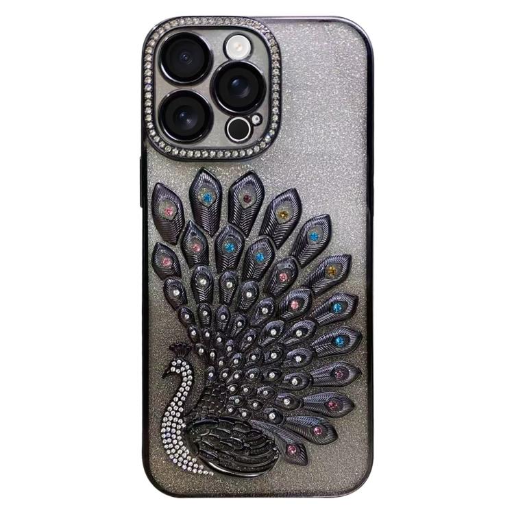 Electroplated TPU Peacock Relief Rhinestone Glitter Phone Case with Lens Film, For iPhone 17 Pro Max, For iPhone 17 Pro, For iPhone 17, For iPhone 16 Pro Max, For iPhone 16 Pro, For iPhone 16 Plus, For iPhone 16, For iPhone 15 Pro Max