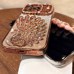 Electroplated TPU Peacock Relief Rhinestone Glitter Phone Case with Lens Film, For iPhone 17 Pro Max, For iPhone 17 Pro, For iPhone 17, For iPhone 16 Pro Max, For iPhone 16 Pro, For iPhone 16 Plus, For iPhone 16, For iPhone 15 Pro Max