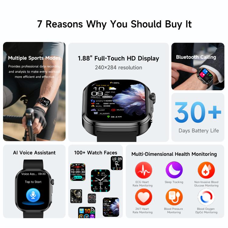 GE52 1.88-inch Full Touch HD Screen BT Call Smart Watch Silicone Strap, Supports Health Monitoring