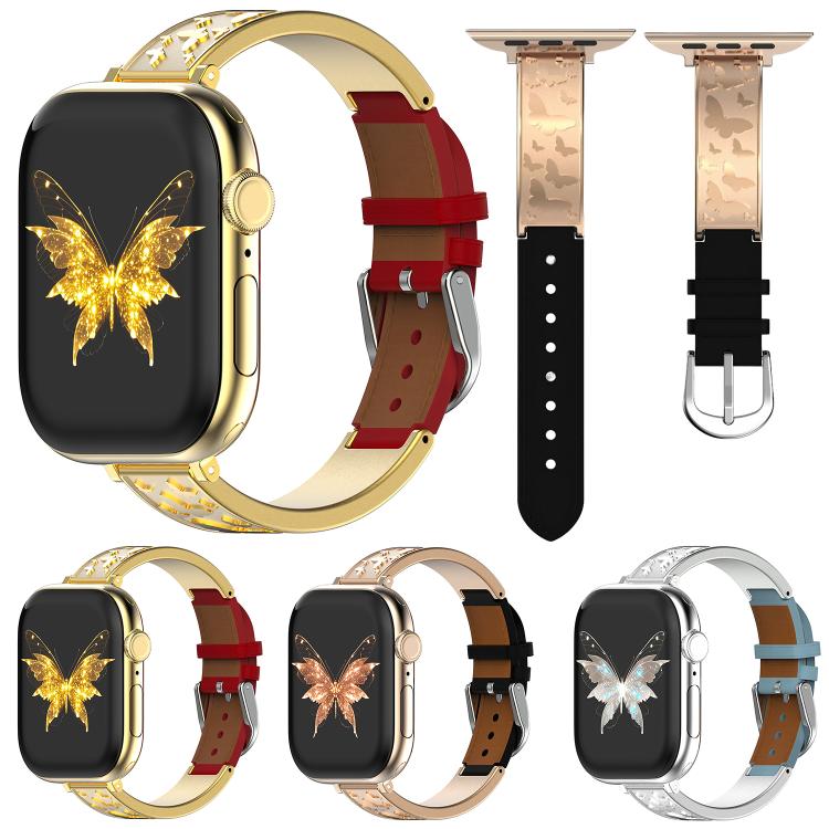 xDfind Butterfly Edelstahl-Hybrid-Armband aus echtem Leder, für Apple Watch 42 / 44 / 45 / 46 / 49 mm, für Apple Watch 38 / 40 / 41 / S11 42 mm