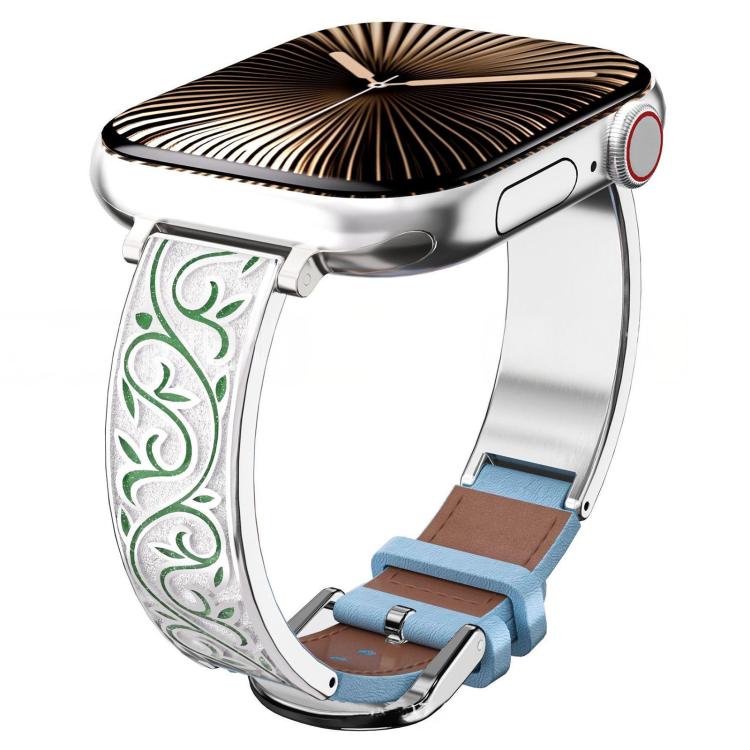 xDfind Retro-Armband mit floralem Muster aus Edelstahl und Echtleder, passend für Apple Watch 42 / 44 / 45 / 46 / 49 mm, Apple Watch 38 / 40 / 41 / S11 42 mm