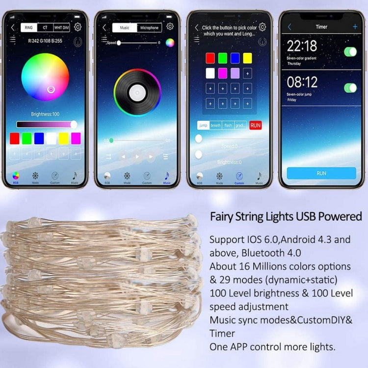 RGB USB  LED Copper Wire Light String Holiday Decoration Light String Bluetooth Mobile APP Control, 2m 20 LED, 5m 50 LED, 10m 100 LED, 12m 120 LED, 15m 150 LED, 20m 200 LED
