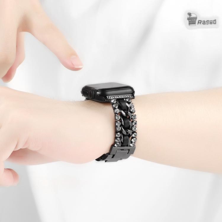 Diamond Vegan Leather Metal Watch Band, For Apple Watch 46mm / 49mm / 45mm / 44mm, For Apple Watch 42mm / 41mm / 40mm / 38mm