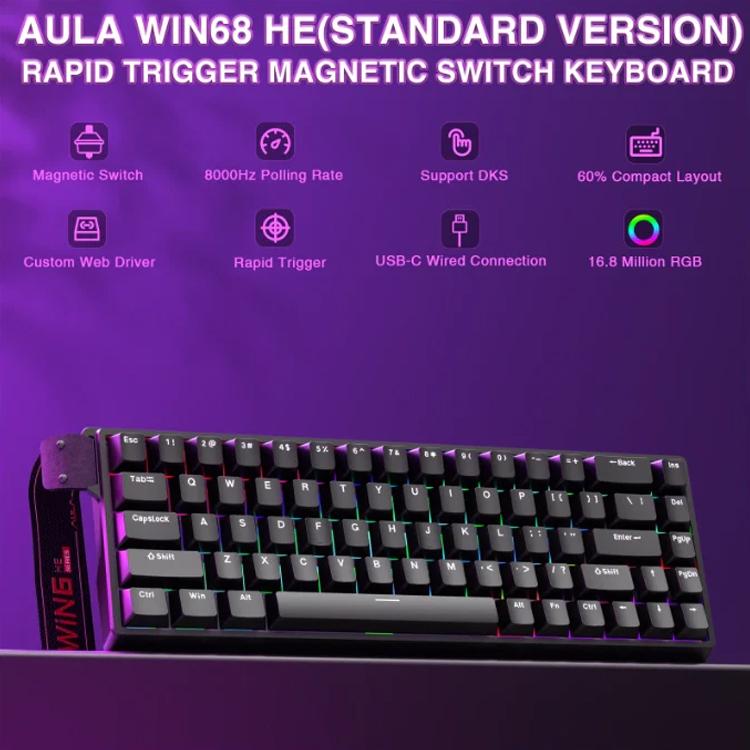 AULA WIN68HE Standard Version 68 Keys RGB Wired Keyboard, WIN68HE Black Grey Wood Magnetic Axis
