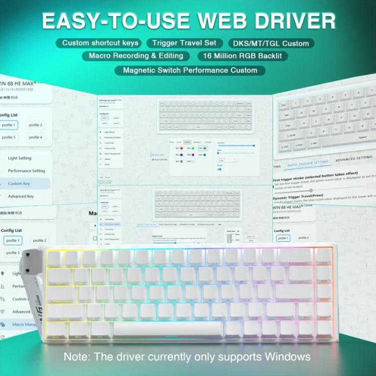 AULA WIN68HE Standard Version 68 Keys RGB Wired Keyboard, WIN68HE Side Printed White Grey Wood Magnetic Axis
