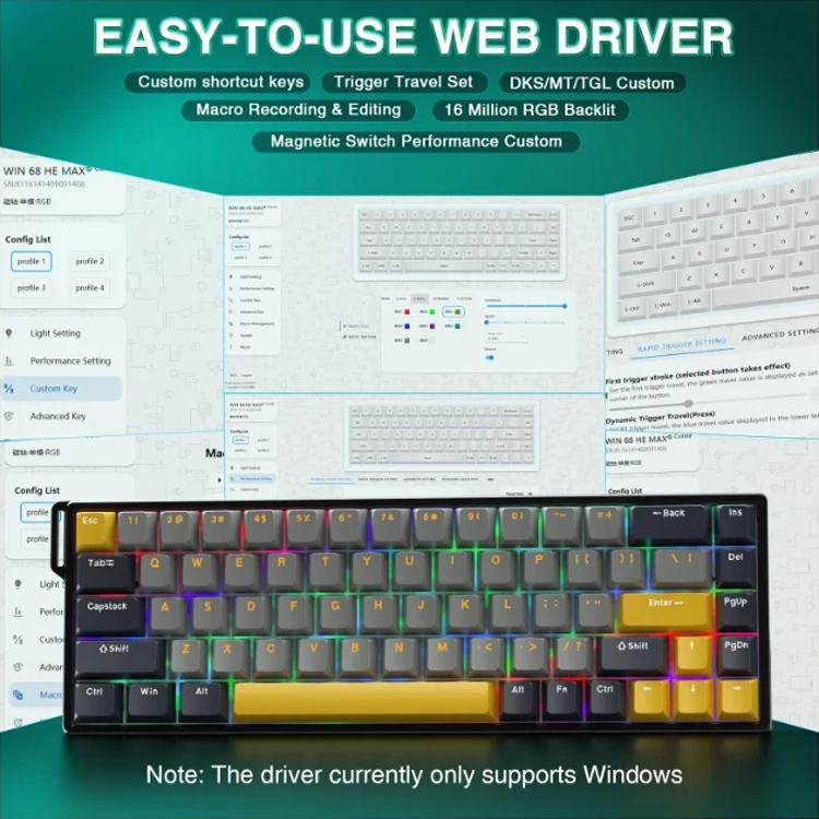 AULA WIN68HE MAX Version 68 Keys RGB Wired Keyboard, WIN68HE Dark+Light+Yellow Wing Chun Magnetic Axis