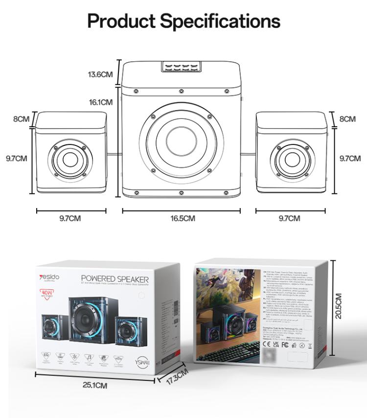 Yesido YSW41 40W 2.1 Channel System Colorful RGB Bluetooth Speaker Subwoofer, YSW41