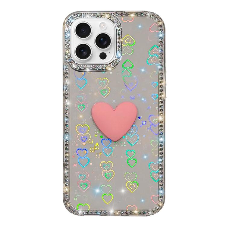 غطاء هاتف مزين بحجر الراين اللامع مزدوج الوجهين مع تصميم قلب حب IMD، لهواتف iPhone 16 Pro Max، iPhone 16 Pro، iPhone 16 Plus، iPhone 16، iPhone 15 Pro Max