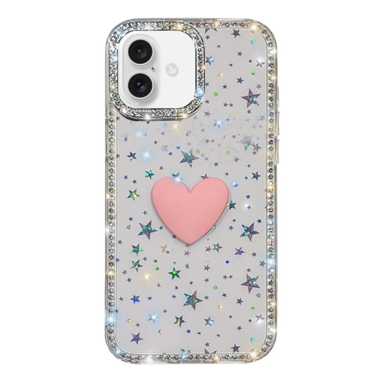 غطاء هاتف مزين بحجر الراين اللامع مزدوج الوجهين مع تصميم قلب حب IMD، لهواتف iPhone 16 Pro Max، iPhone 16 Pro، iPhone 16 Plus، iPhone 16، iPhone 15 Pro Max