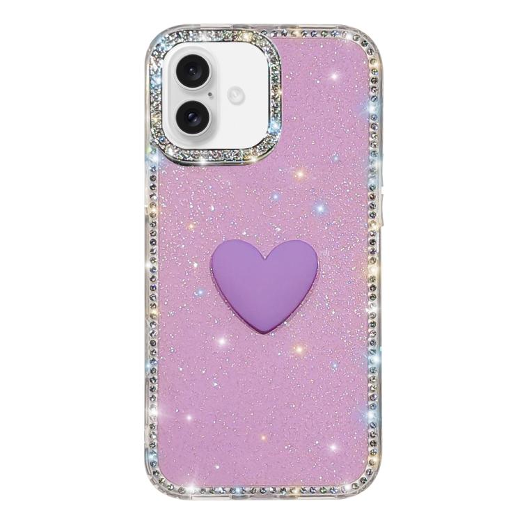غطاء هاتف مزين بحجر الراين اللامع مزدوج الوجهين مع تصميم قلب حب IMD، لهواتف iPhone 16 Pro Max، iPhone 16 Pro، iPhone 16 Plus، iPhone 16، iPhone 15 Pro Max