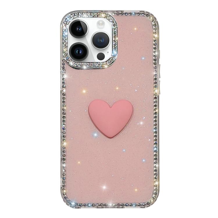 غطاء هاتف مزين بحجر الراين اللامع مزدوج الوجهين مع تصميم قلب حب IMD، لهواتف iPhone 16 Pro Max، iPhone 16 Pro، iPhone 16 Plus، iPhone 16، iPhone 15 Pro Max