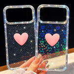 غطاء هاتف مزين بحجر الراين اللامع مزدوج الوجهين مع تصميم قلب حب IMD، لهواتف iPhone 16 Pro Max، iPhone 16 Pro، iPhone 16 Plus، iPhone 16، iPhone 15 Pro Max