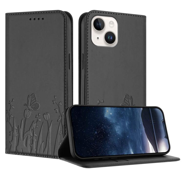 Tulips Butterfly Pattern Magnetic Vegan Leather Phone Case, For iPhone 15, For iPhone 14 Plus, For iPhone 14, For iPhone 14 Pro