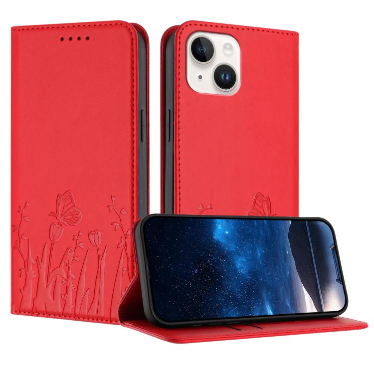 Tulips Butterfly Pattern Magnetic Vegan Leather Phone Case, For iPhone 13, For iPhone 13 mini, For iPhone 12 / 12 Pro, For iPhone 12 Pro Max