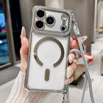 Rhinestone Clear Acrylic Electroplated Magnetic Phone Case with Right-Side Crossbody Lanyard, For iPhone 17 Pro Max, For iPhone 17 Pro, For iPhone 17, For iPhone Air, For iPhone 16 Pro Max, For iPhone 16 Pro, For iPhone 16 Plus, For iPhone 16          ...