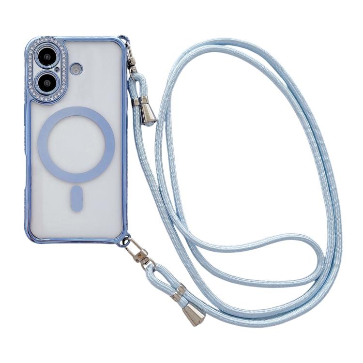 Rhinestone Clear Acrylic Electroplated Magnetic Phone Case with Right-Side Crossbody Lanyard, For iPhone 17 Pro Max, For iPhone 17 Pro, For iPhone 17, For iPhone Air, For iPhone 16 Pro Max, For iPhone 16 Pro, For iPhone 16 Plus, For iPhone 16          ...