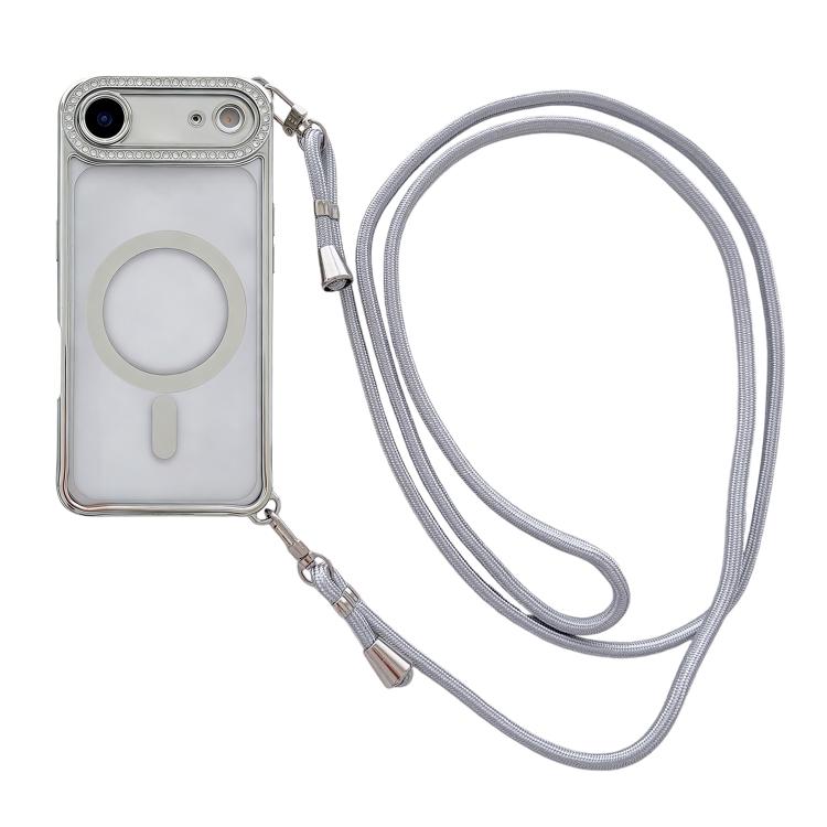 Rhinestone Clear Acrylic Electroplated Magnetic Phone Case with Right-Side Crossbody Lanyard, For iPhone 17 Pro Max, For iPhone 17 Pro, For iPhone 17, For iPhone Air, For iPhone 16 Pro Max, For iPhone 16 Pro, For iPhone 16 Plus, For iPhone 16          ...