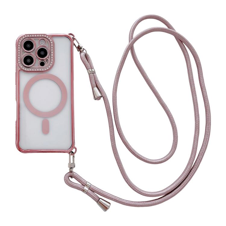 Rhinestone Clear Acrylic Electroplated Magnetic Phone Case with Right-Side Crossbody Lanyard, For iPhone 17 Pro Max, For iPhone 17 Pro, For iPhone 17, For iPhone Air, For iPhone 16 Pro Max, For iPhone 16 Pro, For iPhone 16 Plus, For iPhone 16          ...