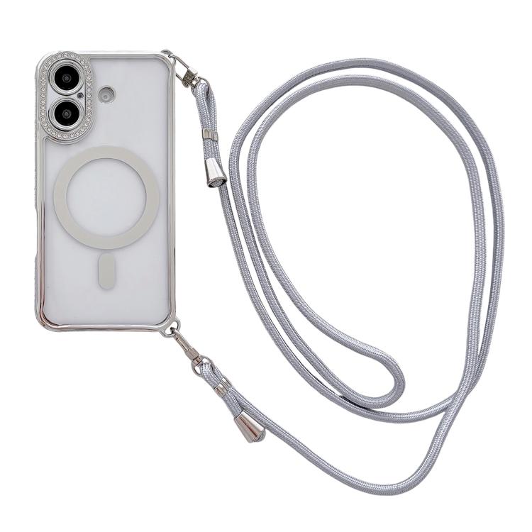 Rhinestone Clear Acrylic Electroplated Magnetic Phone Case with Right-Side Crossbody Lanyard, For iPhone 17 Pro Max, For iPhone 17 Pro, For iPhone 17, For iPhone Air, For iPhone 16 Pro Max, For iPhone 16 Pro, For iPhone 16 Plus, For iPhone 16          ...