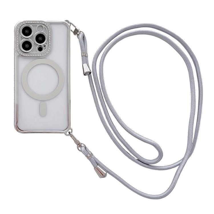 Rhinestone Clear Acrylic Electroplated Magnetic Phone Case with Right-Side Crossbody Lanyard, For iPhone 17 Pro Max, For iPhone 17 Pro, For iPhone 17, For iPhone Air, For iPhone 16 Pro Max, For iPhone 16 Pro, For iPhone 16 Plus, For iPhone 16          ...