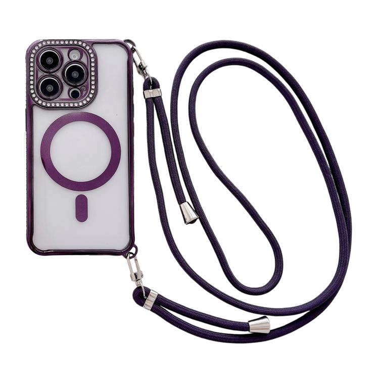 Rhinestone Clear Acrylic Electroplated Magnetic Phone Case with Right-Side Crossbody Lanyard, For iPhone 17 Pro Max, For iPhone 17 Pro, For iPhone 17, For iPhone Air, For iPhone 16 Pro Max, For iPhone 16 Pro, For iPhone 16 Plus, For iPhone 16          ...