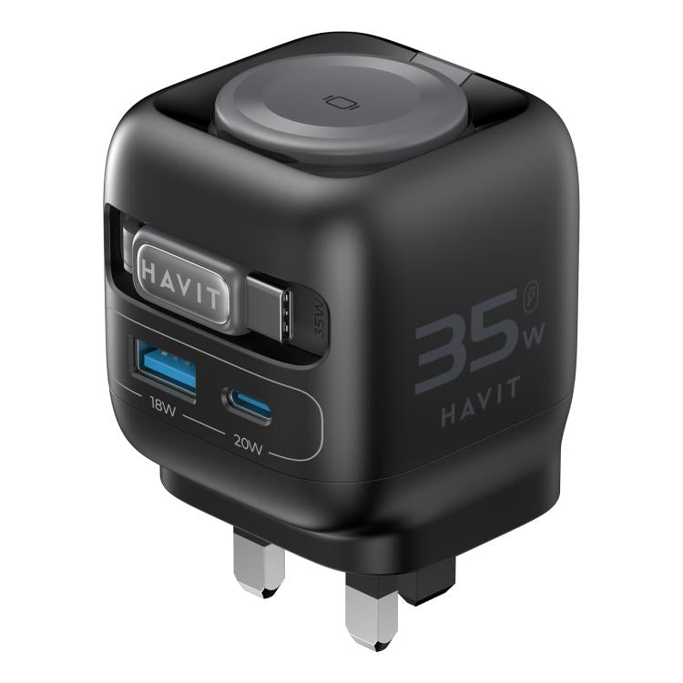 شاحن سفر GaN 3 في 1 Havit UC250 35 واط مع كابل Type-C قابل للسحب، UC250 (قابس المملكة المتحدة)