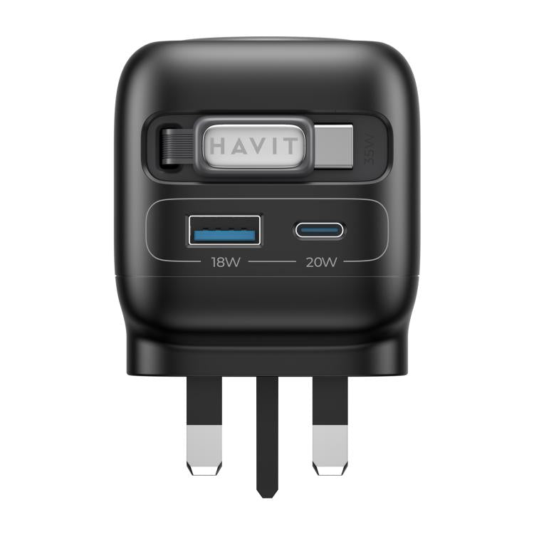 شاحن سفر GaN 3 في 1 Havit UC250 35 واط مع كابل Type-C قابل للسحب، UC250 (قابس المملكة المتحدة)