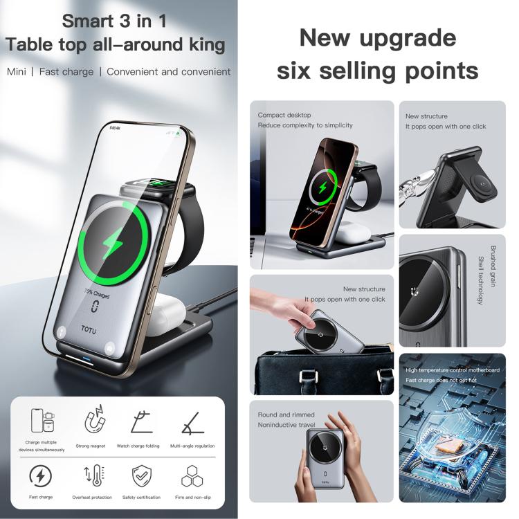 TOTU CW-4-W Wireless Charging Station 3 in 1 Magnetic Folding Charger Stand for Phone Watch Earbuds, CW-4-W