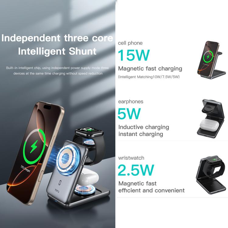 TOTU CW-4-W Wireless Charging Station 3 in 1 Magnetic Folding Charger Stand for Phone Watch Earbuds, CW-4-W