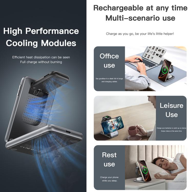 TOTU CW-4-W Wireless Charging Station 3 in 1 Magnetic Folding Charger Stand for Phone Watch Earbuds, CW-4-W