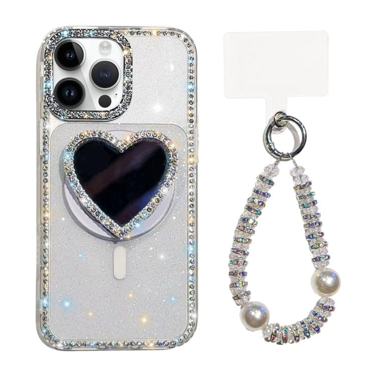 غطاء هاتف مغناطيسي بمرآة على شكل قلب لامع IMD مع سوار، لهواتف iPhone 15 Pro، iPhone 15، iPhone 14، iPhone 14 Pro، iPhone 14 Pro Max، iPhone 13 Pro Max، iPhone 13 Pro، iPhone 13