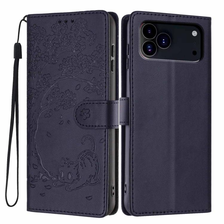 Tree Cat Embossed Flip Vegan Leather Phone Case, For iPhone 17e / 16e, For iPhone 17 Pro Max, For iPhone 17 Pro, For iPhone 17, For iPhone Air, For iPhone 16 Pro Max