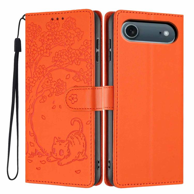 غطاء هاتف من الجلد النباتي بنقشة قطة الشجرة مع غطاء قابل للطي، لهواتف iPhone 16 Pro، iPhone 16 Plus، iPhone 16، iPhone 15 Pro Max، iPhone 15 Pro، iPhone 15 Plus
