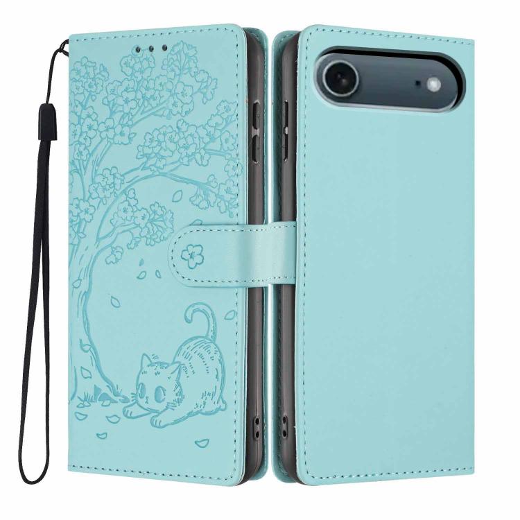 غطاء هاتف من الجلد النباتي بنقشة قطة الشجرة مع غطاء قابل للطي، لهواتف iPhone 16 Pro، iPhone 16 Plus، iPhone 16، iPhone 15 Pro Max، iPhone 15 Pro، iPhone 15 Plus