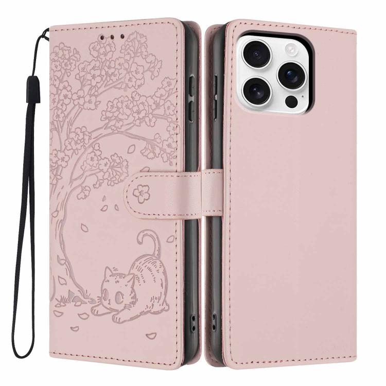 غطاء هاتف من الجلد النباتي بنقشة قطة الشجرة مع غطاء قابل للطي، لهواتف iPhone 16 Pro، iPhone 16 Plus، iPhone 16، iPhone 15 Pro Max، iPhone 15 Pro، iPhone 15 Plus
