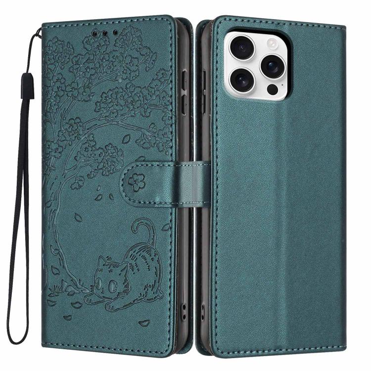 غطاء هاتف من الجلد النباتي بنقشة قطة الشجرة مع غطاء قابل للطي، لهواتف iPhone 16 Pro، iPhone 16 Plus، iPhone 16، iPhone 15 Pro Max، iPhone 15 Pro، iPhone 15 Plus