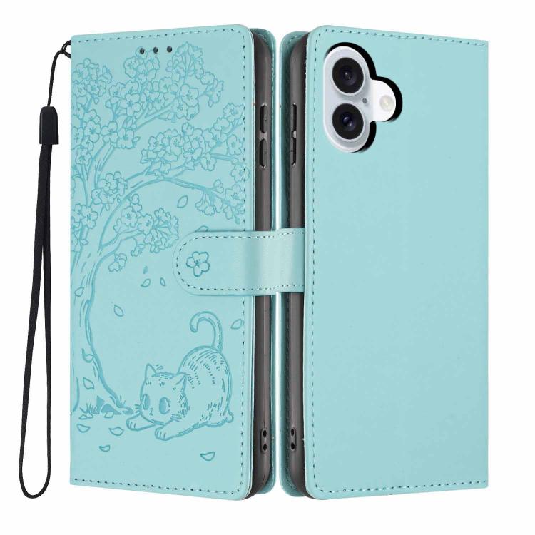 غطاء هاتف من الجلد النباتي بنقشة قطة الشجرة مع غطاء قابل للطي، لهواتف iPhone 16 Pro، iPhone 16 Plus، iPhone 16، iPhone 15 Pro Max، iPhone 15 Pro، iPhone 15 Plus