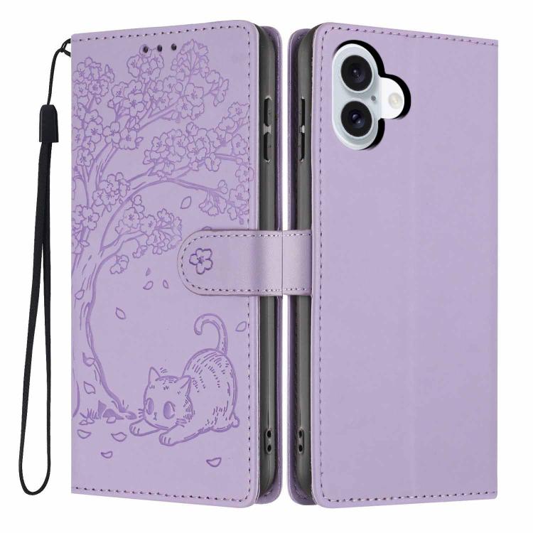 غطاء هاتف من الجلد النباتي بنقشة قطة الشجرة مع غطاء قابل للطي، لهواتف iPhone 16 Pro، iPhone 16 Plus، iPhone 16، iPhone 15 Pro Max، iPhone 15 Pro، iPhone 15 Plus