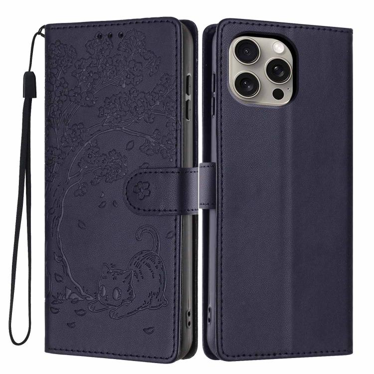 غطاء هاتف من الجلد النباتي بنقشة قطة الشجرة مع غطاء قابل للطي، لهواتف iPhone 16 Pro، iPhone 16 Plus، iPhone 16، iPhone 15 Pro Max، iPhone 15 Pro، iPhone 15 Plus